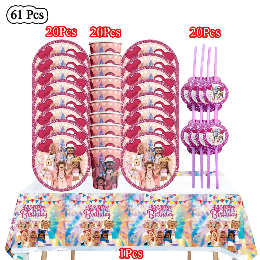 Cartoon Pink Roblox Birthday Party Decorations Napkins balloons Plate Girls Baby Shower Disposable Robot Tableware Supplies set