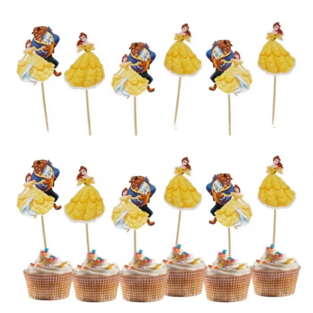24pcs Beauty and the Beast Cake Toppers Wrappers Birthday Party Decoration For Kids Baby Shower Princess Supplies Gifts Cupcake