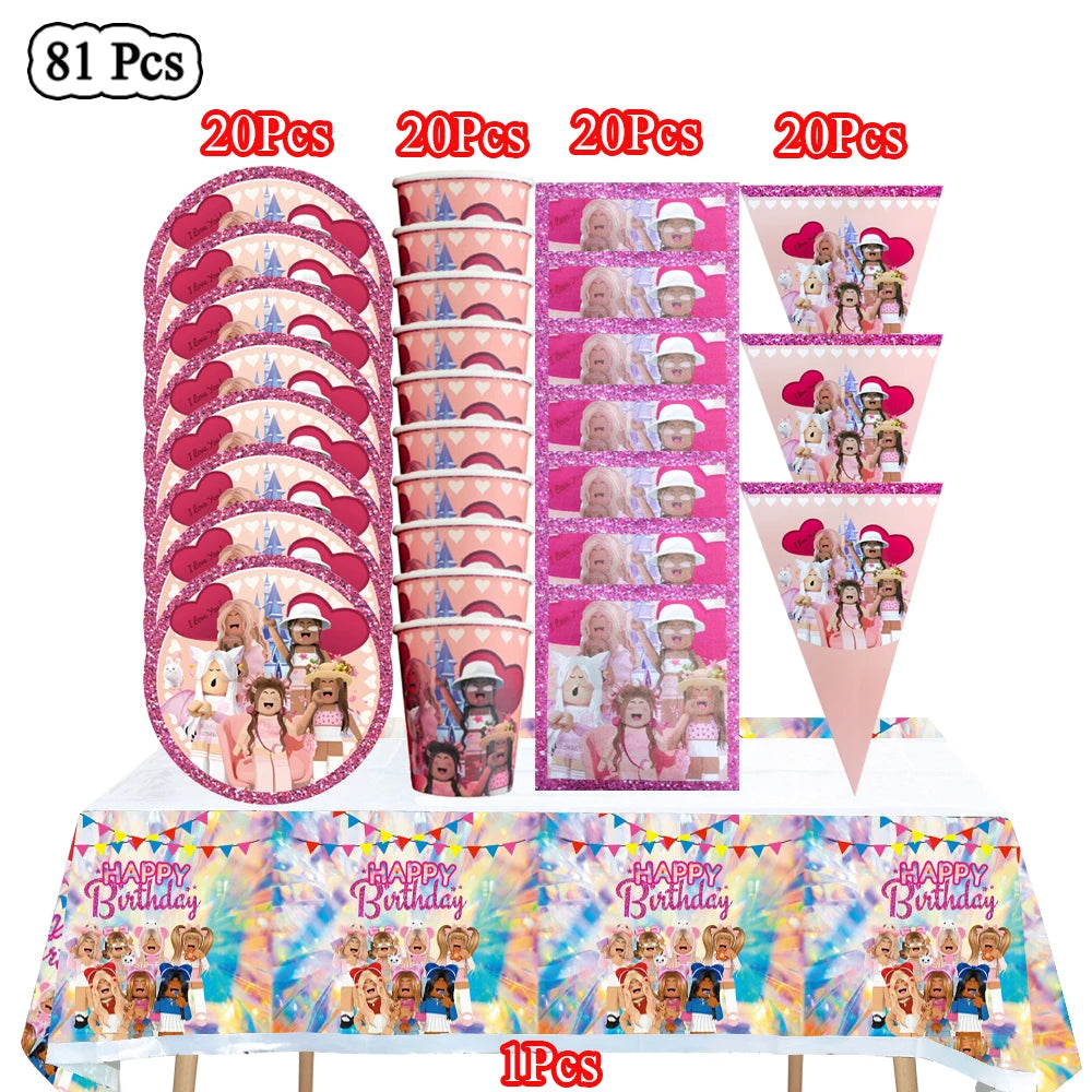Cartoon Pink Roblox Birthday Party Decorations Napkins balloons Plate Girls Baby Shower Disposable Robot Tableware Supplies set