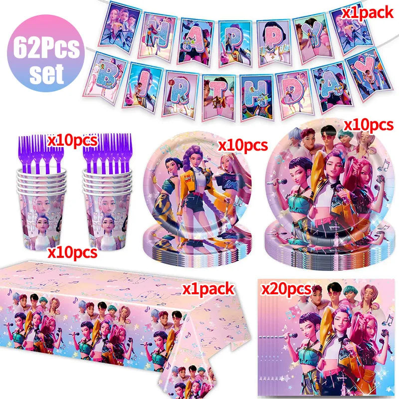 Kpop Demon Hunter Birthday Party Accessorie K Pop Birthday Warriors Pop Party Backdrop Cups Plates Tablecloth Ballons Cake Decor