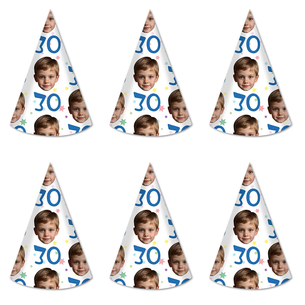 6pcs Custom Your Age and Photo Face Hats Personalized Birthday Hats Paper Hat Headware for Birthday Party Supplies
