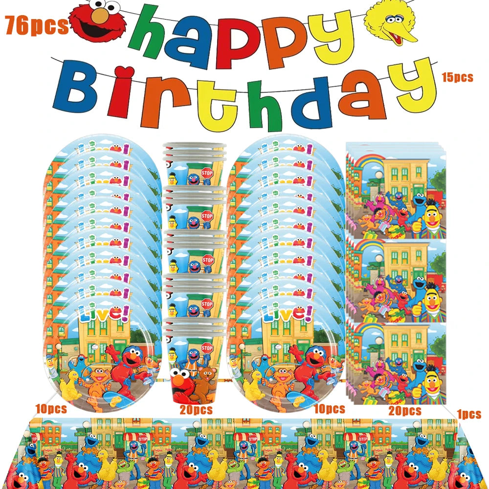 Disney Cartoon SEsame-Streets Birthday Party Set Supplies Kids Disposable Tableware Balloon Cake Topper Banner Plates Decoration