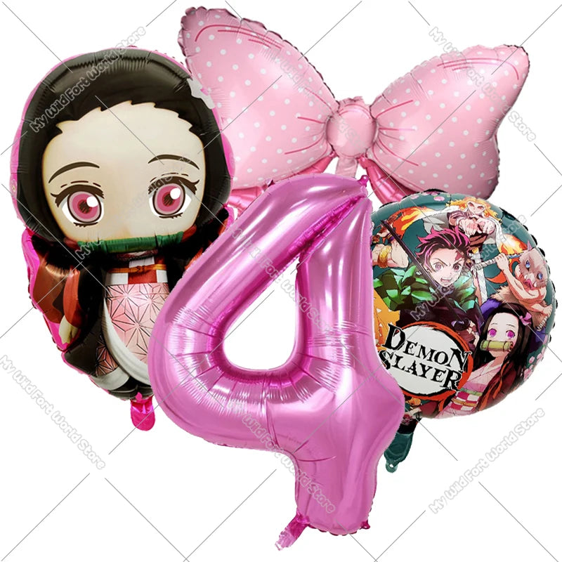 Demon Slayer Birthday Balloons Decoration Set Number Bow Kamado Tanjirou Nezuko Balloon Boy Girl Party Supplies Kids Party Favor
