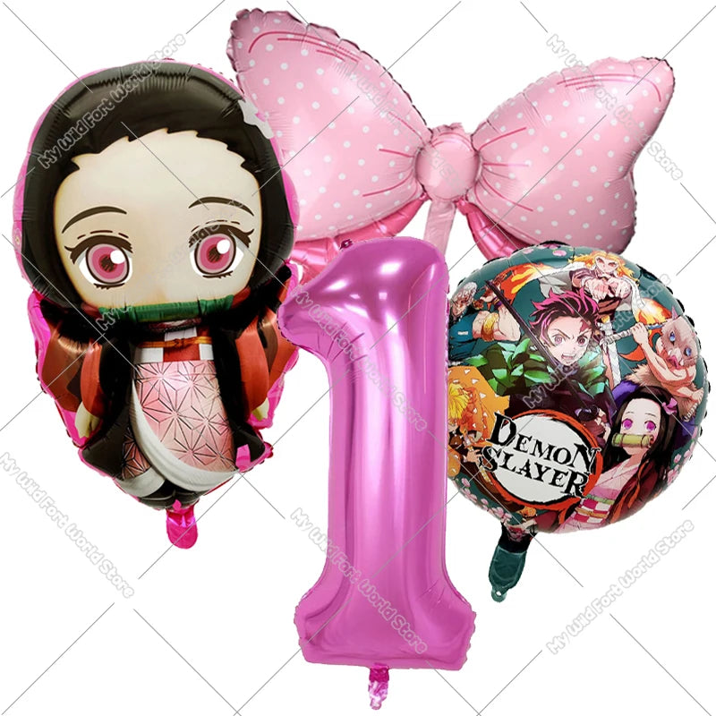 Demon Slayer Birthday Balloons Decoration Set Number Bow Kamado Tanjirou Nezuko Balloon Boy Girl Party Supplies Kids Party Favor