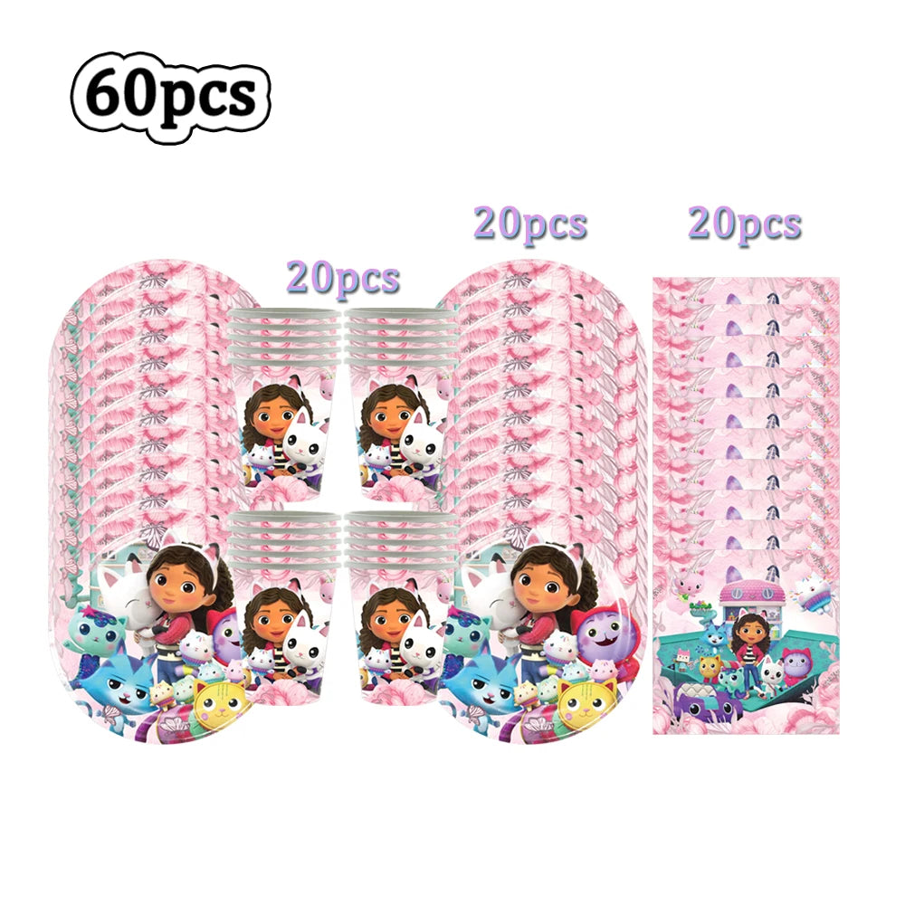 Hot Gabby Doll House Cartoon Girls Birthday Party Decorations Plate Tablecloth Paper Cup Napkin Doll House Tableware Set Gift