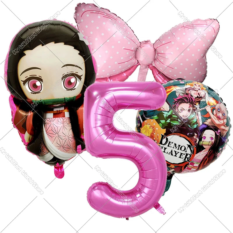 Demon Slayer Birthday Balloons Decoration Set Number Bow Kamado Tanjirou Nezuko Balloon Boy Girl Party Supplies Kids Party Favor