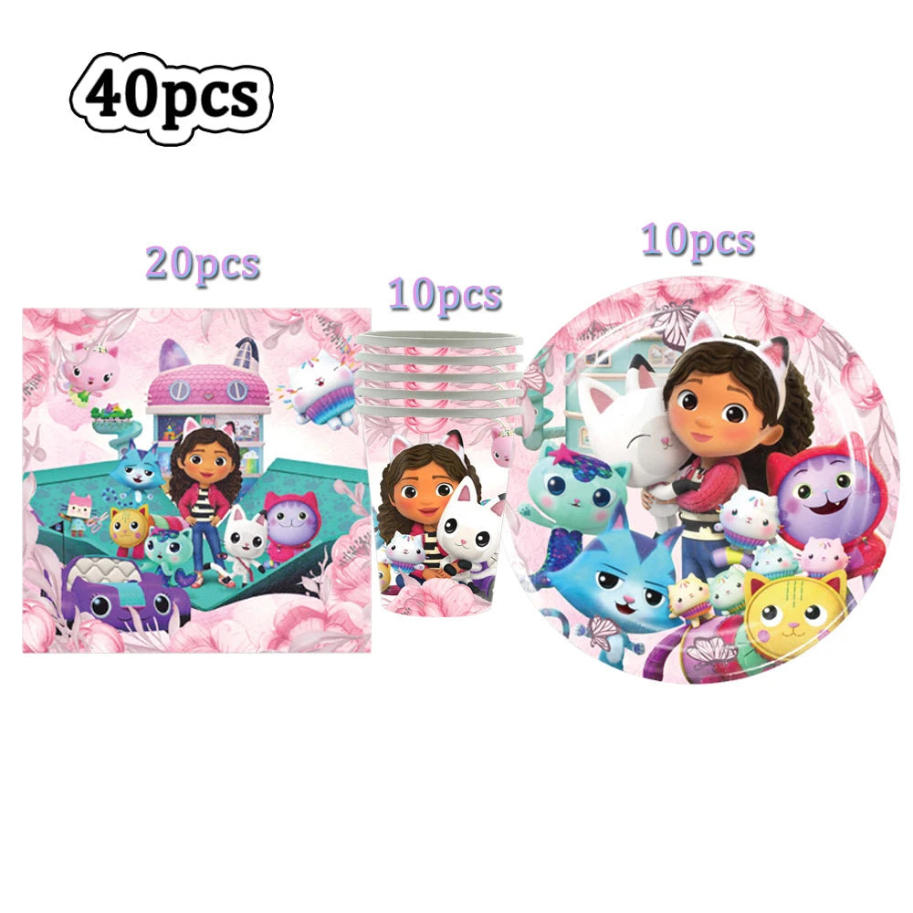 Hot Gabby Doll House Cartoon Girls Birthday Party Decorations Plate Tablecloth Paper Cup Napkin Doll House Tableware Set Gift
