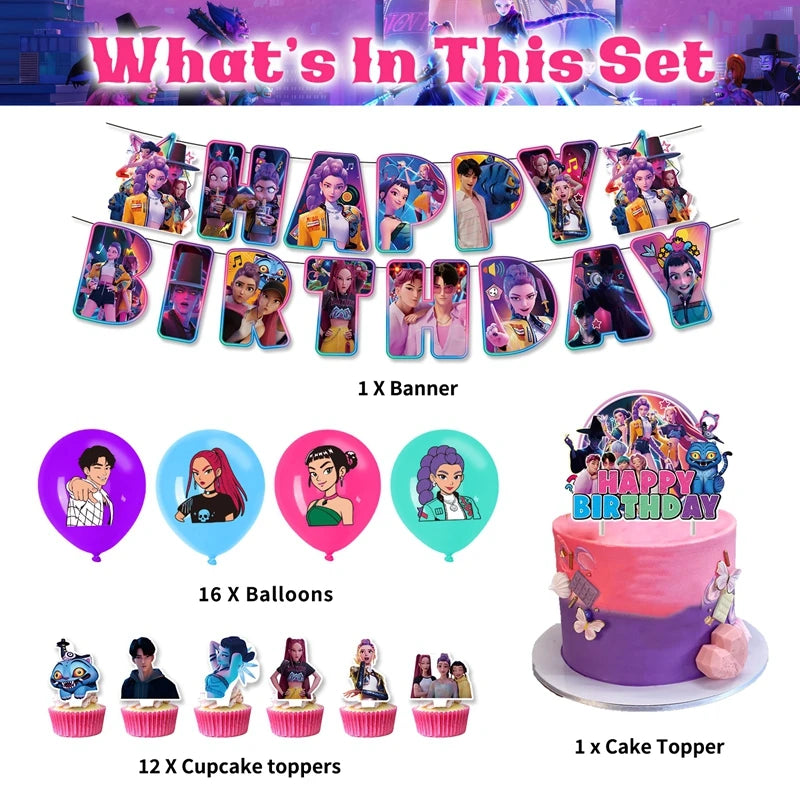 Kpop Demon Hunter Birthday Party Accessorie K Pop Birthday Warriors Pop Party Backdrop Cups Plates Tablecloth Ballons Cake Decor