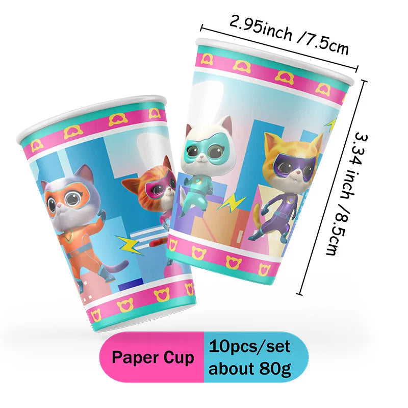 Cartoon Superkitties Birthday Party Baptism Disposable Tableware Brooch Spiral Paper Straw Party Supplie Decorate Packing