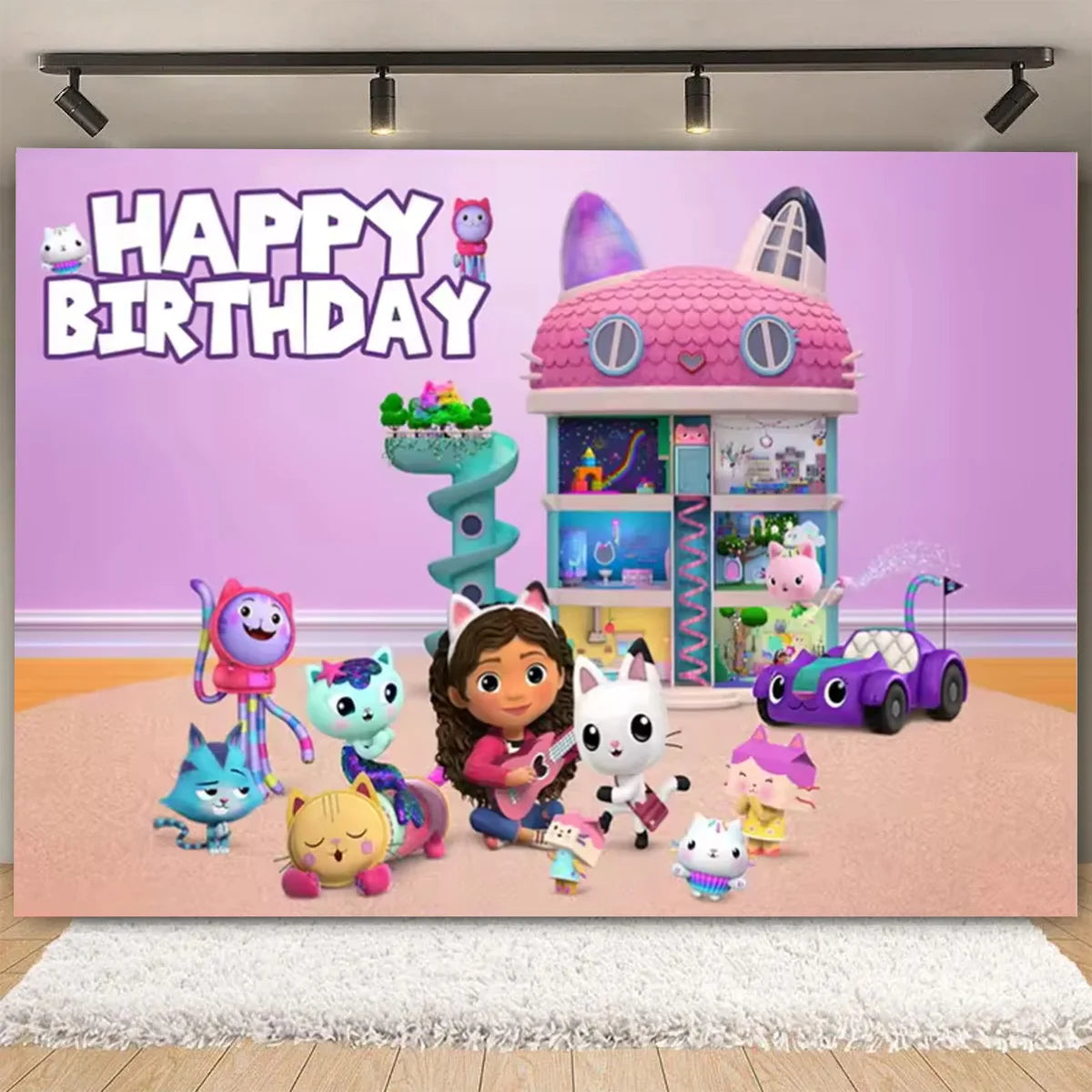 Cartoon-Gabby Dollhouse Children's Birthday Party Supplies Decoration Background Girl Baby Shower Pink Cat Toy Photo Banner Prop