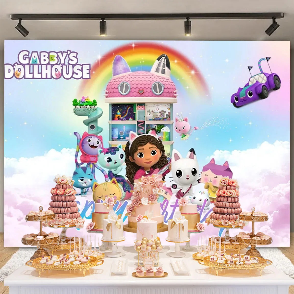 Cartoon-Gabby Dollhouse Children's Birthday Party Supplies Decoration Background Girl Baby Shower Pink Cat Toy Photo Banner Prop