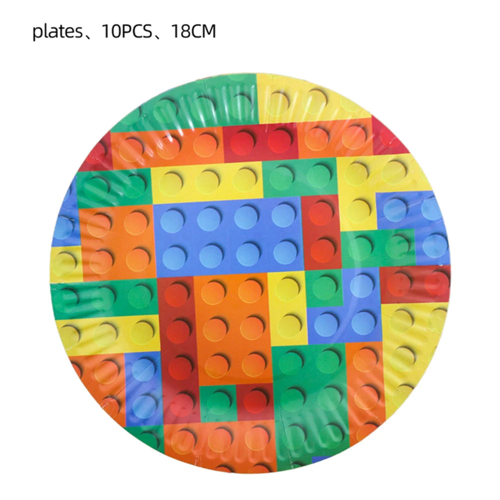 Building Block Tablecloth Theme Party Disposable Tableware Balloon Kid Boy and Girls Birthday Balloon Decor Baby Bath Products