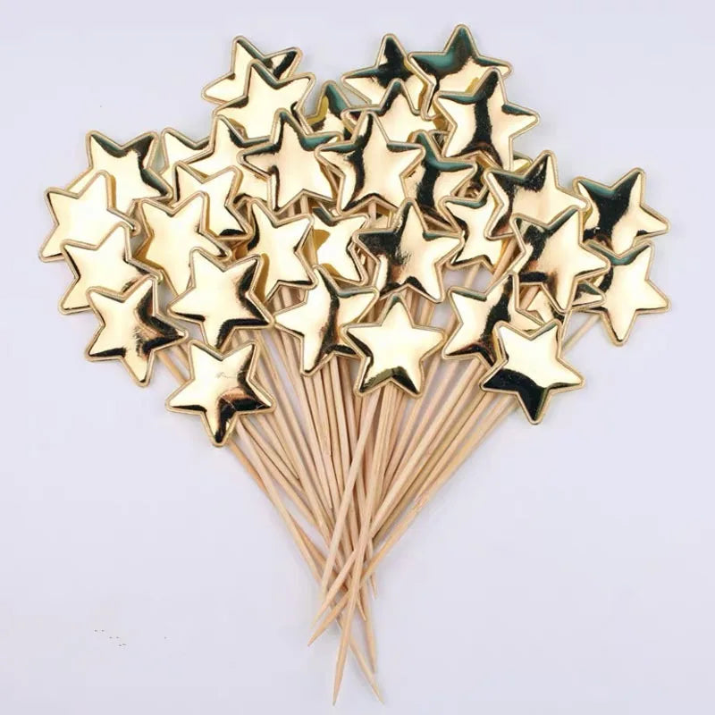 50/100PCS Cake Decoration Shiny Skin Reflective Heart Five Pointed Star Crown Birthday Dessert Table Baking Wedding Party