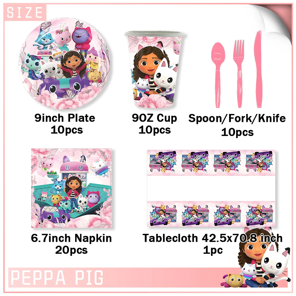 Cartoon G-Gabby Doll House Birthday Party Decorations Disposable Tableware Tablecloth Balloon Background Banner Party Supplies