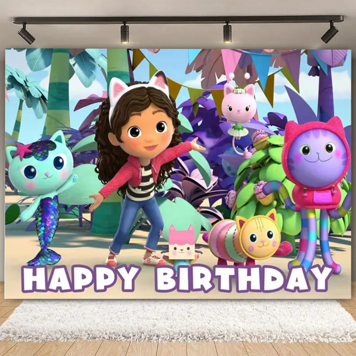 Cartoon-Gabby Dollhouse Children's Birthday Party Supplies Decoration Background Girl Baby Shower Pink Cat Toy Photo Banner Prop