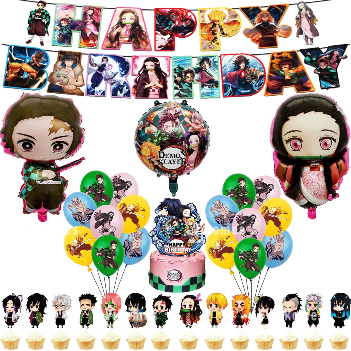 Demoned Slayered Kimetsu No Yaiba Balloon Happy Birthday Banner Party Decoration Disposable Tableware Background Toy Ballon