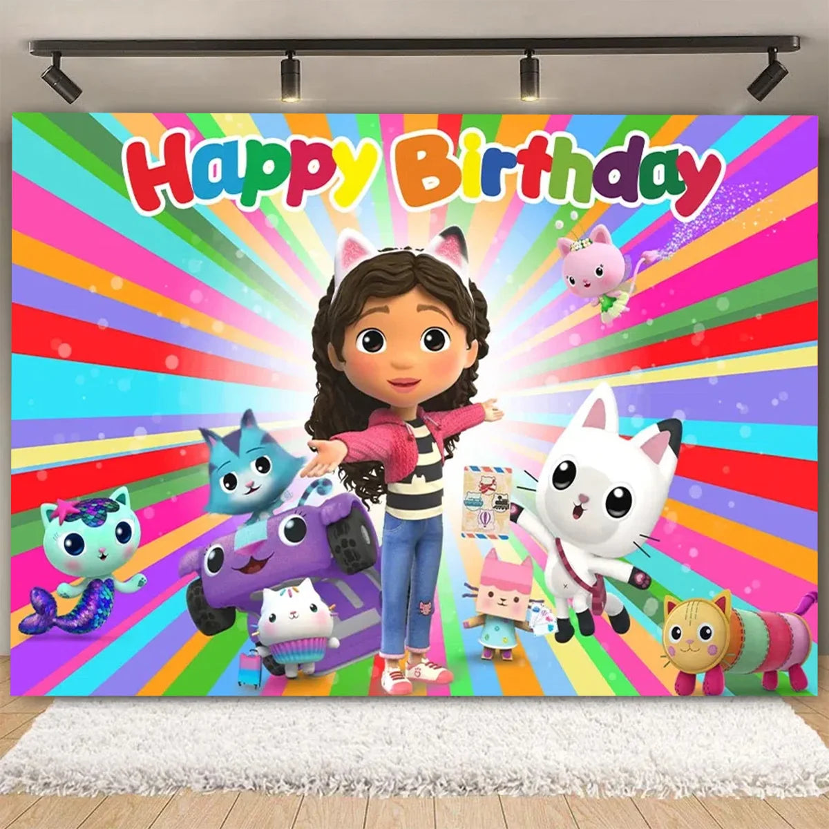 Cartoon-Gabby Dollhouse Children's Birthday Party Supplies Decoration Background Girl Baby Shower Pink Cat Toy Photo Banner Prop