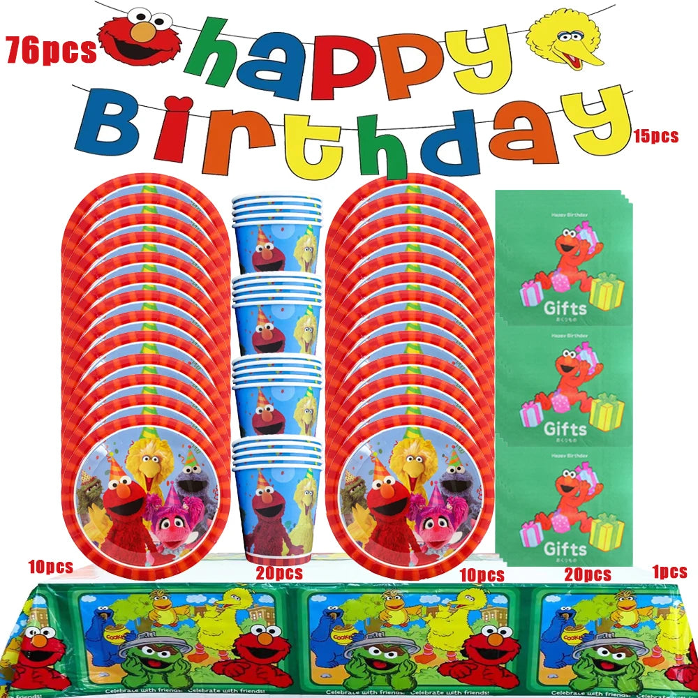 Disney Cartoon SEsame-Streets Birthday Party Set Supplies Kids Disposable Tableware Balloon Cake Topper Banner Plates Decoration