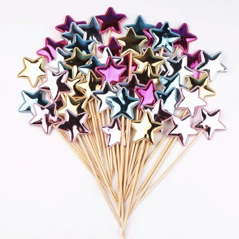 50/100PCS Cake Decoration Shiny Skin Reflective Heart Five Pointed Star Crown Birthday Dessert Table Baking Wedding Party