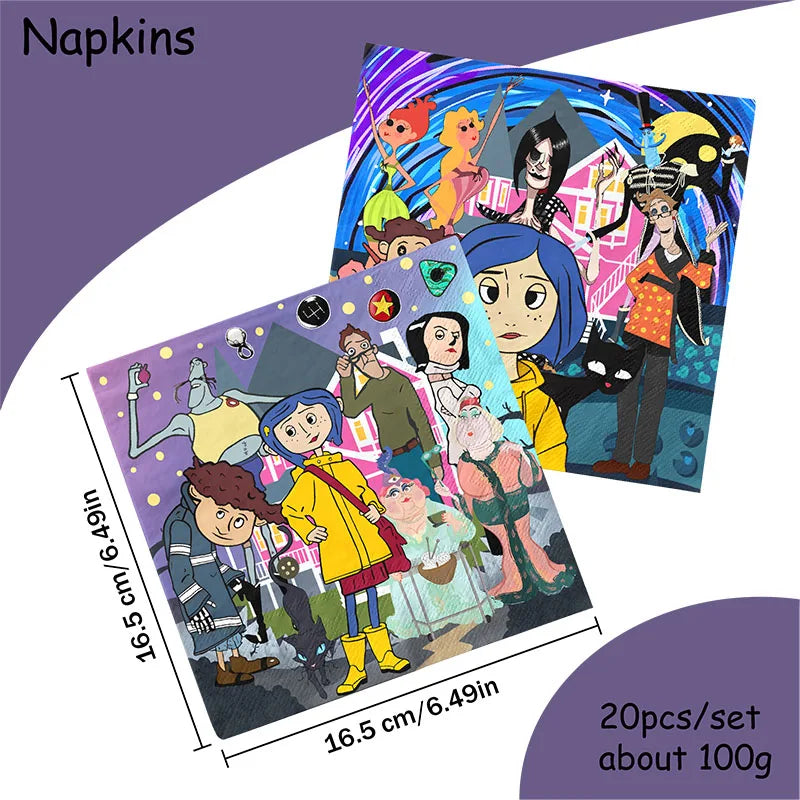 Coraline Birthday Party Decoration Disposable Set Tableware Plate Honeycomb  straws Cake Napkins Toppers for Kid Shower Supplies