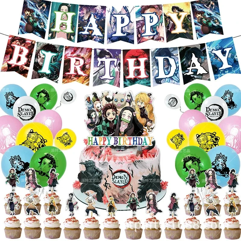 Demoned Slayered Kimetsu No Yaiba Balloon Happy Birthday Banner Party Decoration Disposable Tableware Background Toy Ballon
