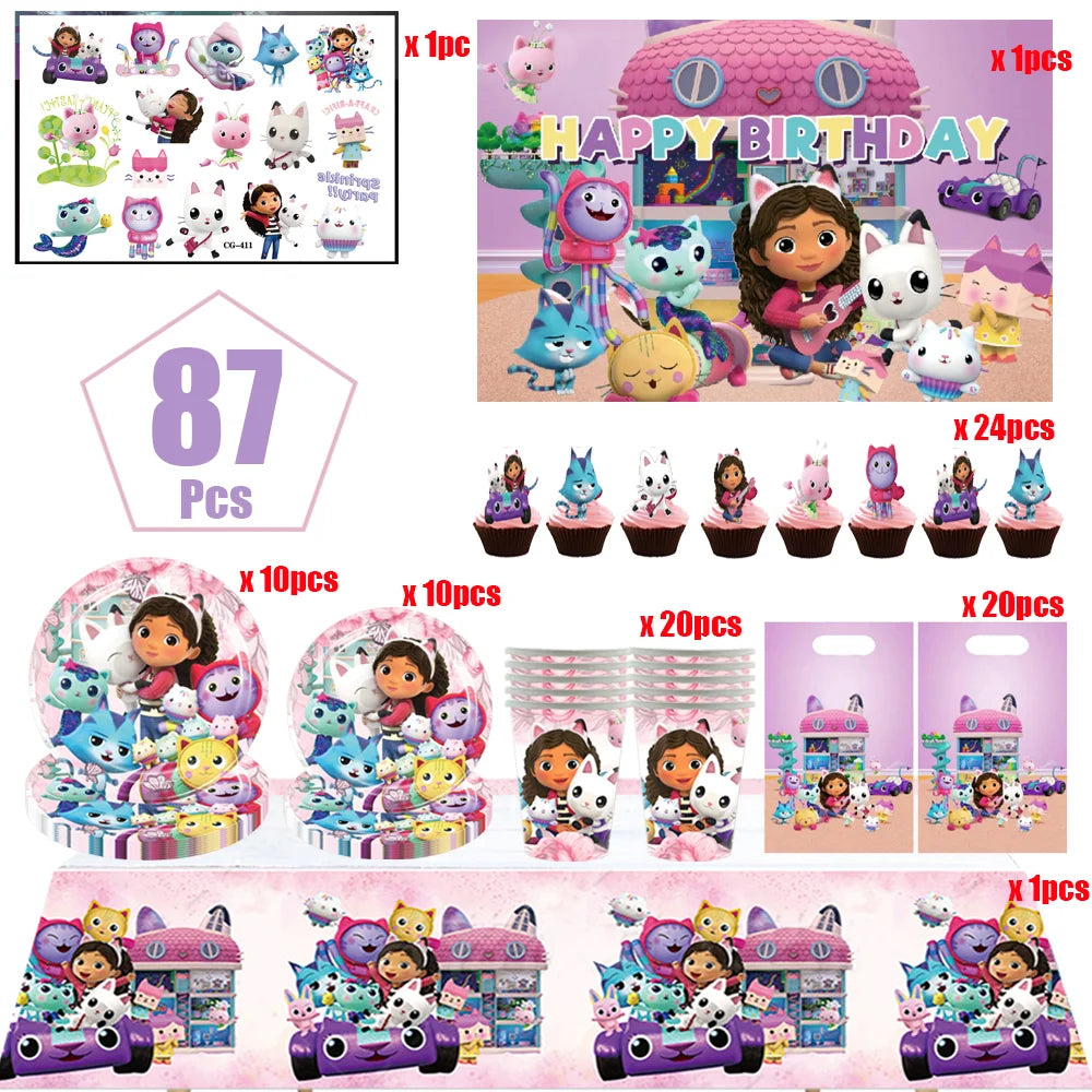 Cartoon Gabbys Birthday Party Decor Dollhouse Disposable Tableware Set Paper Cups Plates Tablecloth Baby Shower Kids Supplies