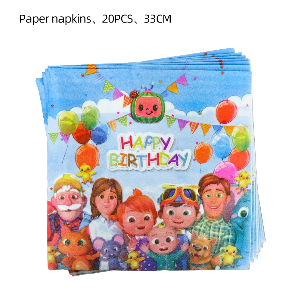 Cartoon JJ Melon Birthday Party Decorations Disposable Tableware Cup Plate Tablecloth Cake Topper Balloon for Kids Baby Shower