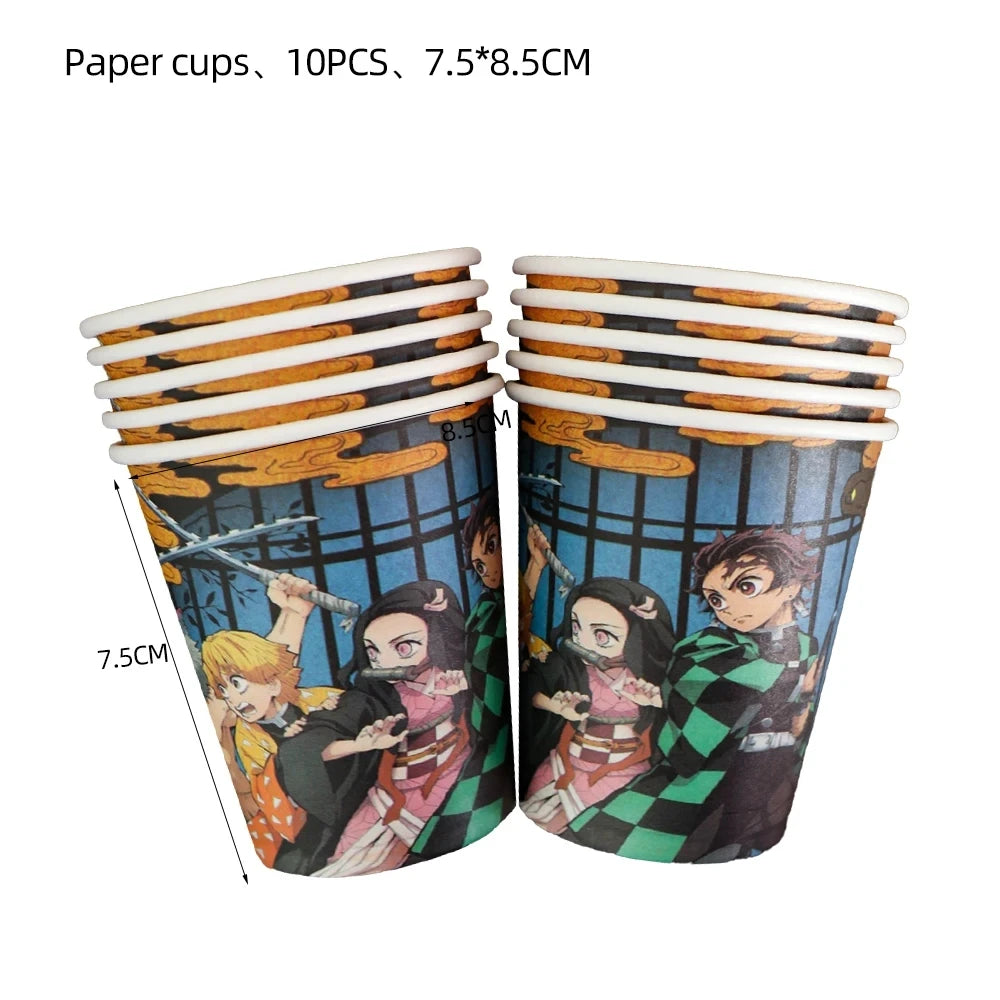 Demoned Slayers Balloons Happy Birthday Banner Kimetsu No Yaiba Party Decoration Cup Disposable Tableware Anime Cake Topper Toy