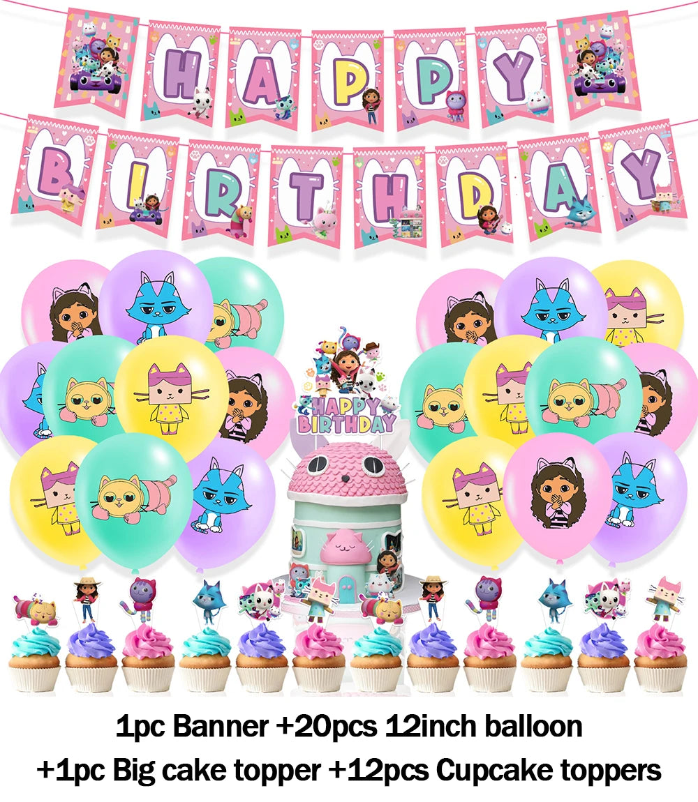 Cartoon G-Gabby Doll House Birthday Party Decorations Disposable Tableware Tablecloth Balloon Background Banner Party Supplies