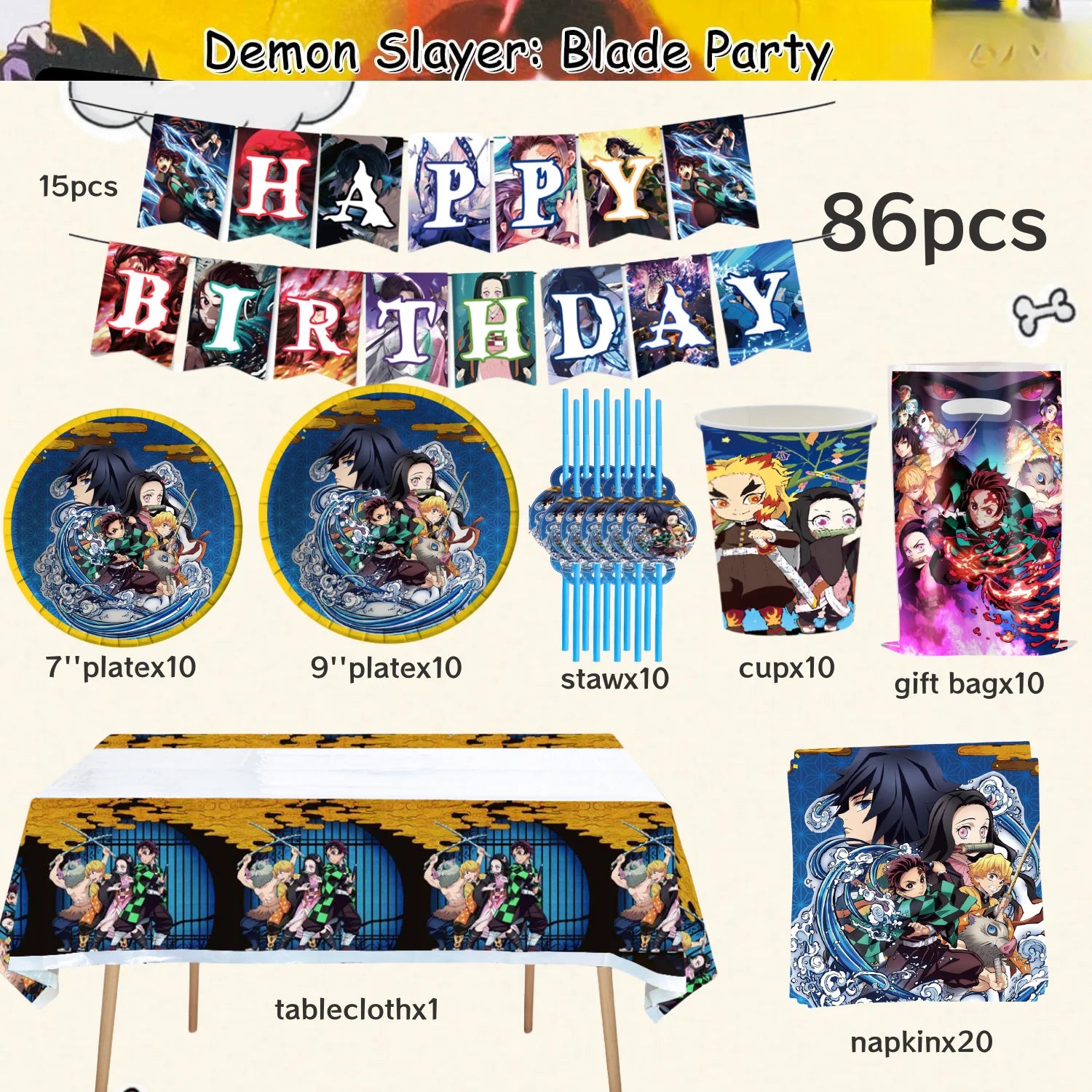 Demon Slayer Birthday Party Decor 20pepole Tableware Kimetsu No Yaiba Tablecloth Plate cup Baby Shower Kids Favor Party Supplies