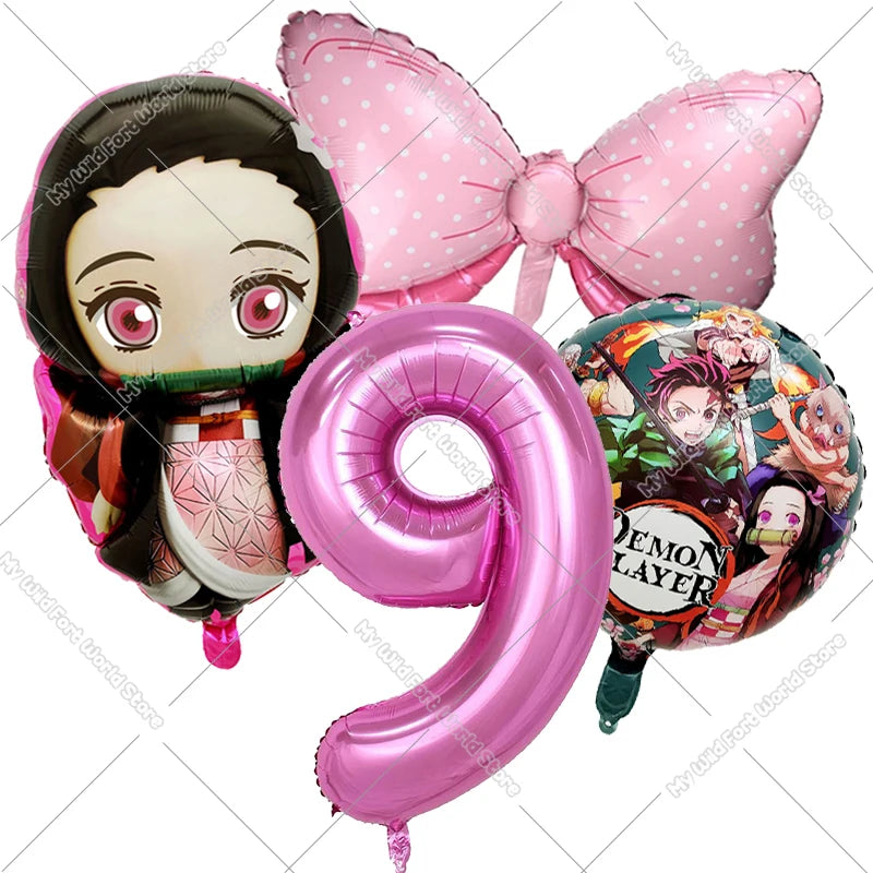 Demon Slayer Birthday Balloons Decoration Set Number Bow Kamado Tanjirou Nezuko Balloon Boy Girl Party Supplies Kids Party Favor