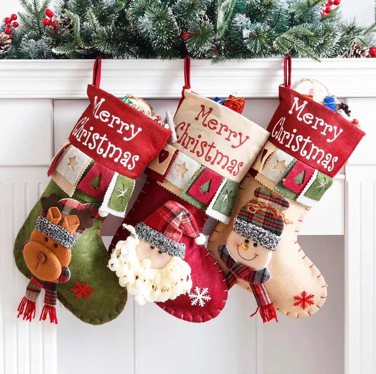 1pcs Retro Christmas Stockings Decoration Large Boots Tree Santa Snowman Reindeer Candy Bag Gift Bag Xmas HomeHanging Decoration