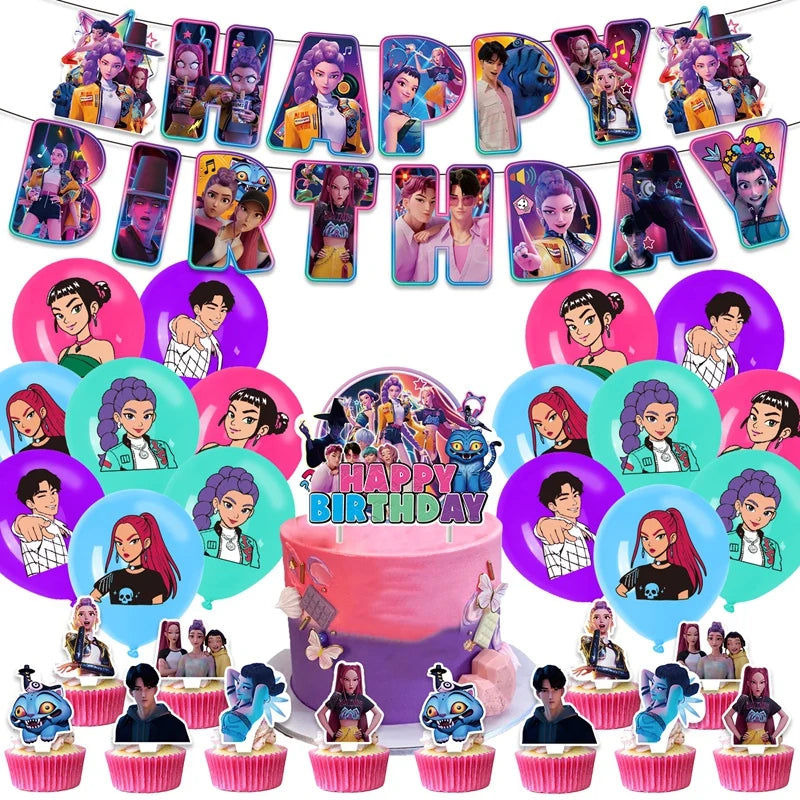 Kpop Demon Hunter Birthday Party Accessorie K Pop Birthday Warriors Pop Party Backdrop Cups Plates Tablecloth Ballons Cake Decor