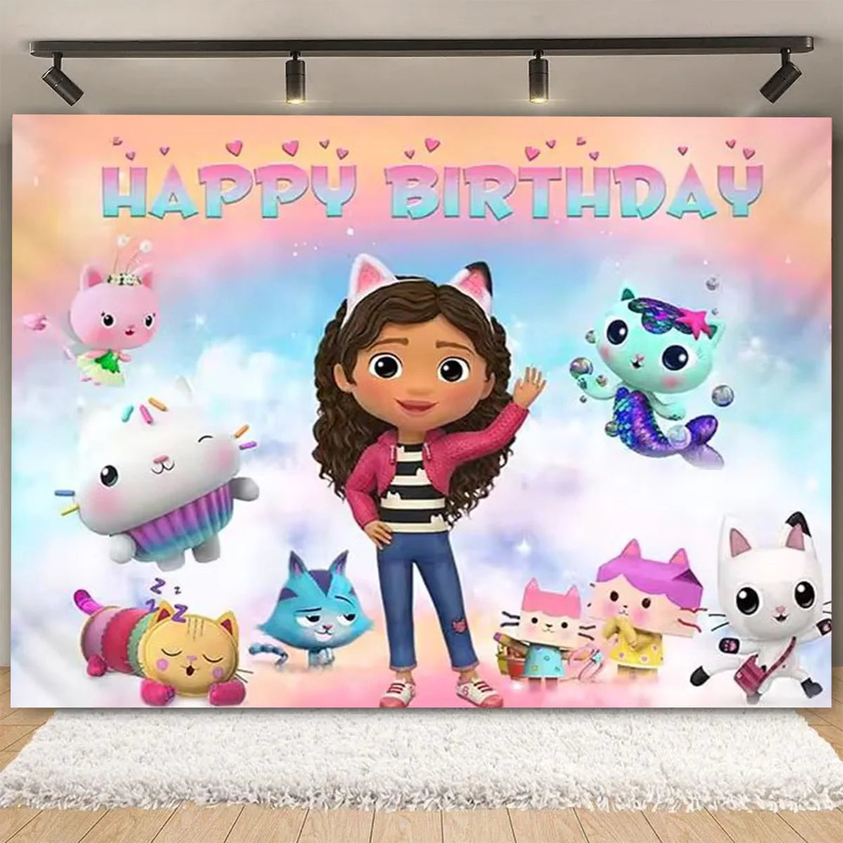 Cartoon-Gabby Dollhouse Children's Birthday Party Supplies Decoration Background Girl Baby Shower Pink Cat Toy Photo Banner Prop