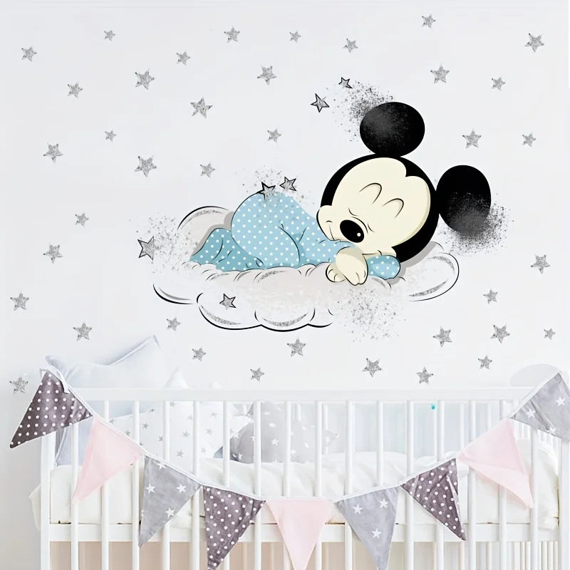1 Piece Disney Mickey and Minnie Bedroom Wall Sticker - Self-Adhesive Cartoon Art Decoration Painting, Suitable for Living Room and Bedroom Background Decoration