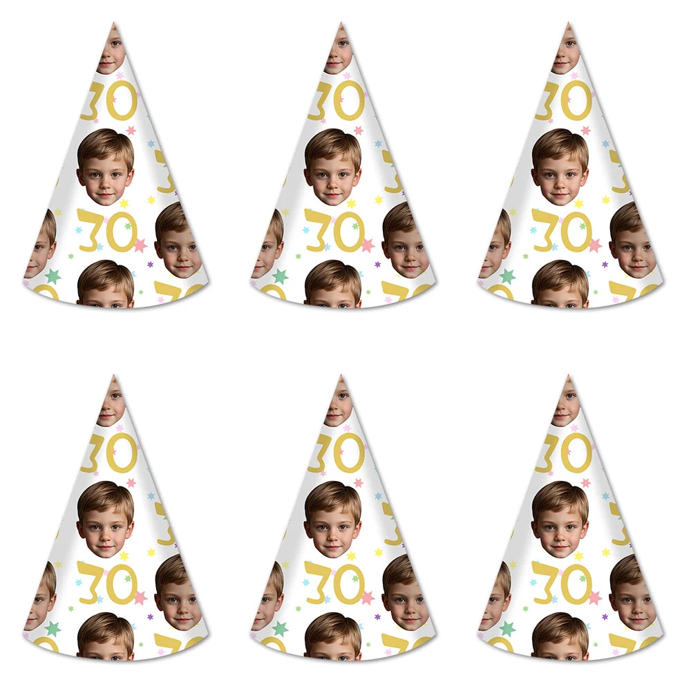 6pcs Custom Your Age and Photo Face Hats Personalized Birthday Hats Paper Hat Headware for Birthday Party Supplies