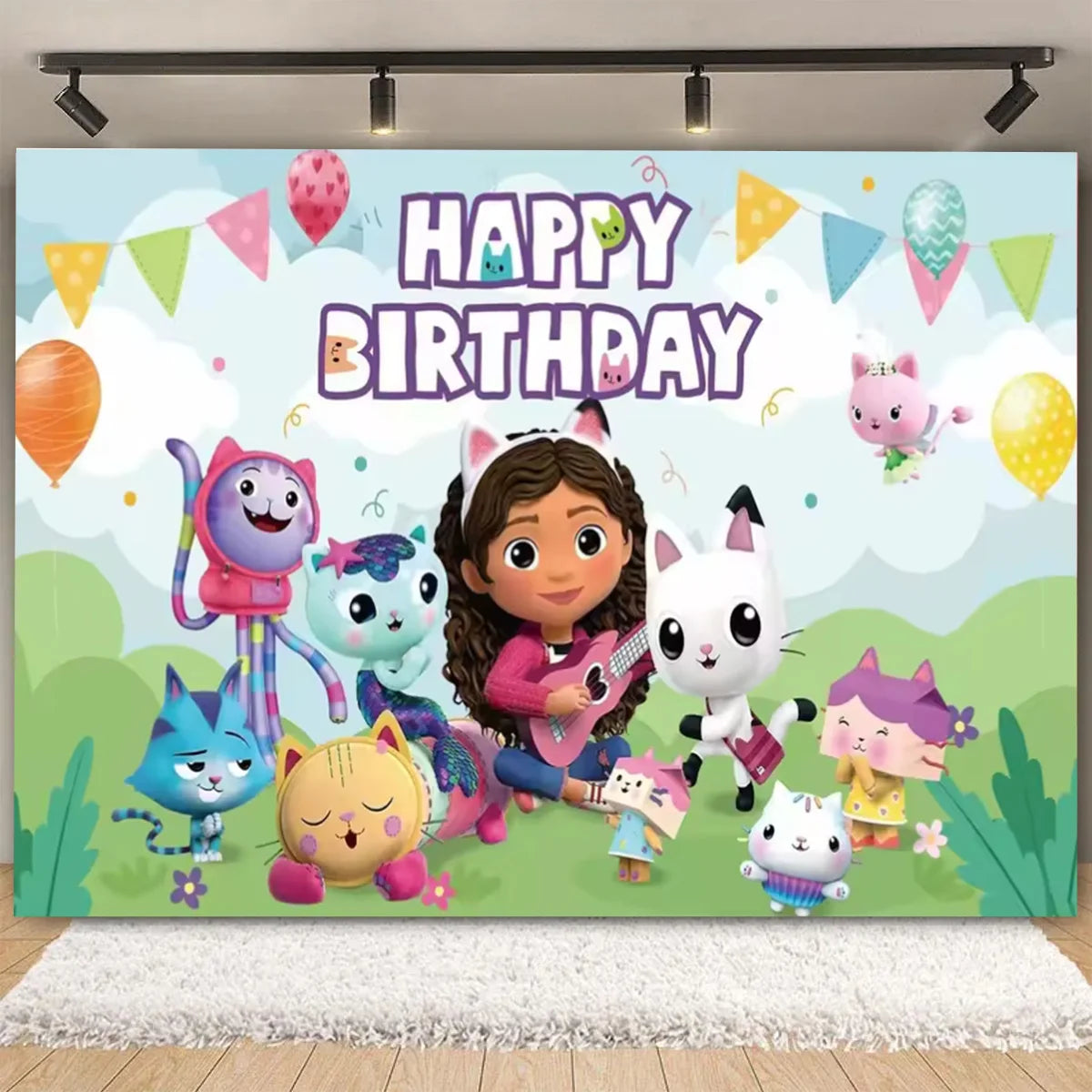 Cartoon-Gabby Dollhouse Children's Birthday Party Supplies Decoration Background Girl Baby Shower Pink Cat Toy Photo Banner Prop