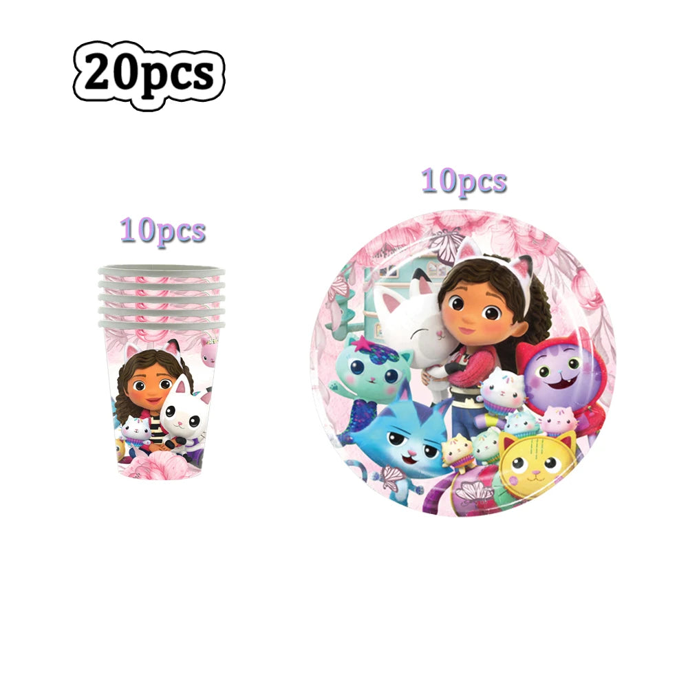 Hot Gabby Doll House Cartoon Girls Birthday Party Decorations Plate Tablecloth Paper Cup Napkin Doll House Tableware Set Gift