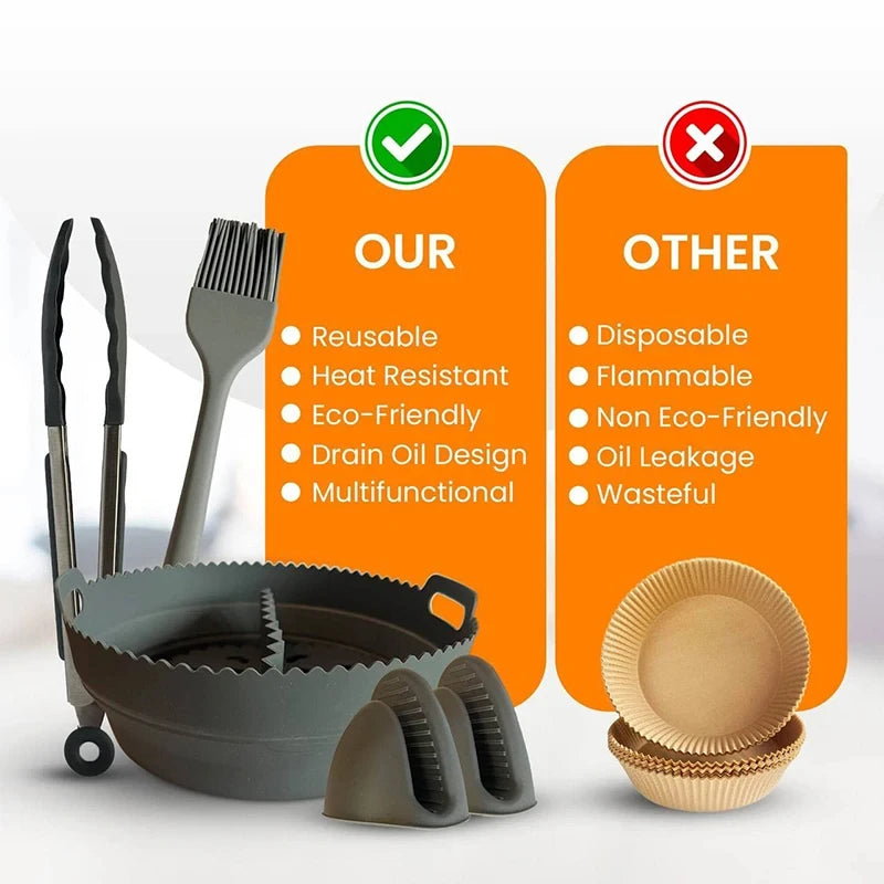 Round Air Fryer Accessories Set Silicone Airfryer Basket Mold Liner Reusable Oven Grill Baking Rack Pizza Cake Pan Tray