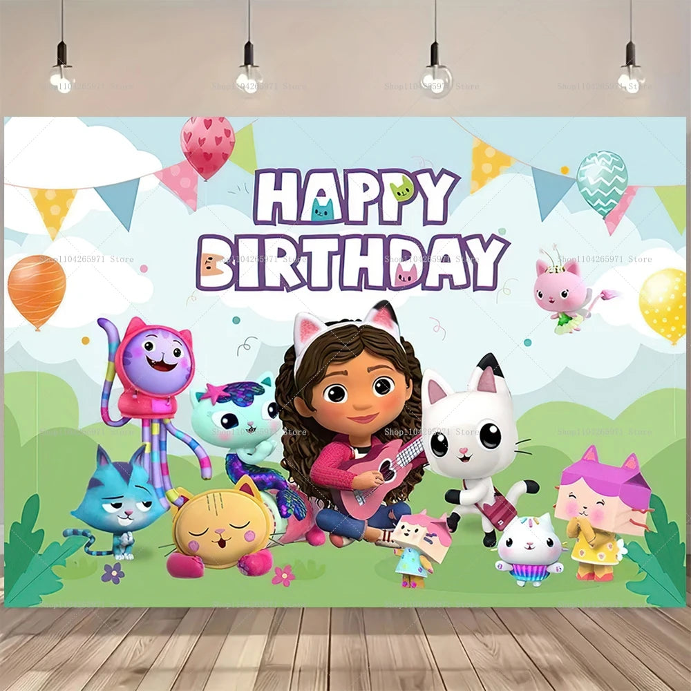 Cartoon Gabby Dollhouse Children Birthday Party Supplies Decoration Background Girl Baby Shower Pink Toy Photo Shoot Banner Prop