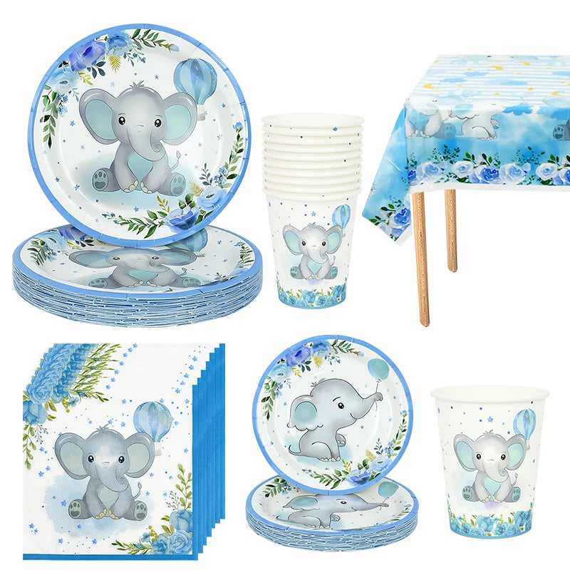 Blue Baby Elephant Disposable Tableware Set Paper Plate Cup Napkin Kids Boys 1st Birthday Party Decoration Baby Shower Supplies
