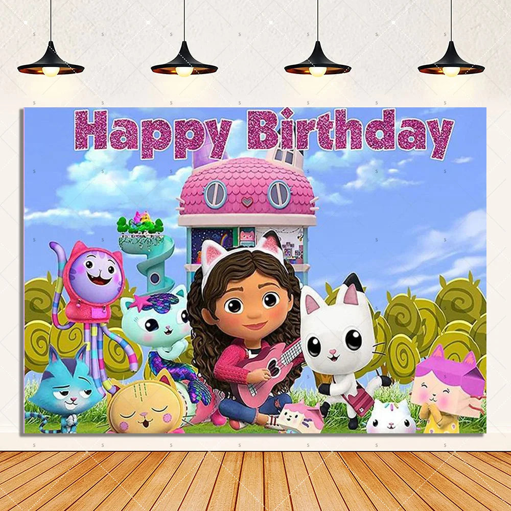 Cartoon G-Gabby Doll House Birthday Party Decorations Disposable Tableware Tablecloth Balloon Background Banner Party Supplies