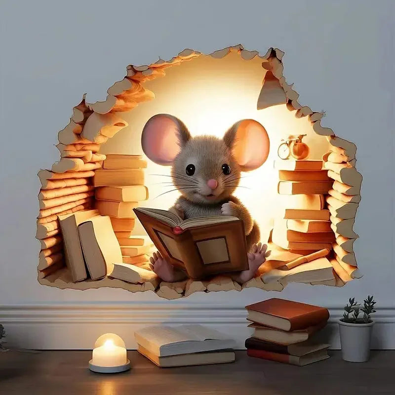 1pc Mouse Book Lover's Cute Mouse Hole Wall Stickers Waterproof Vinyl Decals Home Bedroom Living Room Animal Decoration