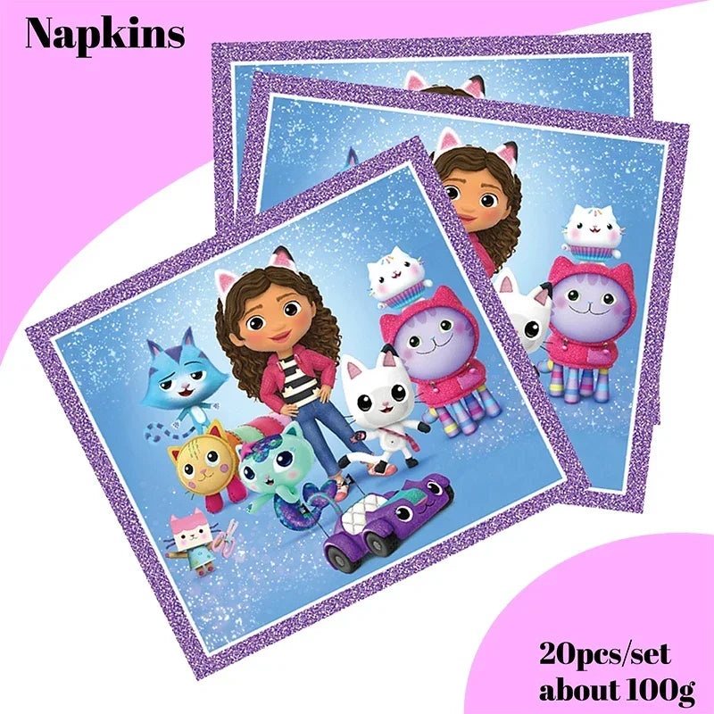 Cartoon Gabby Dollhouse Party Supplies Birthday Party Disposable Tableware Set Paper Plate Cup Napkins Baby Shower Decorations