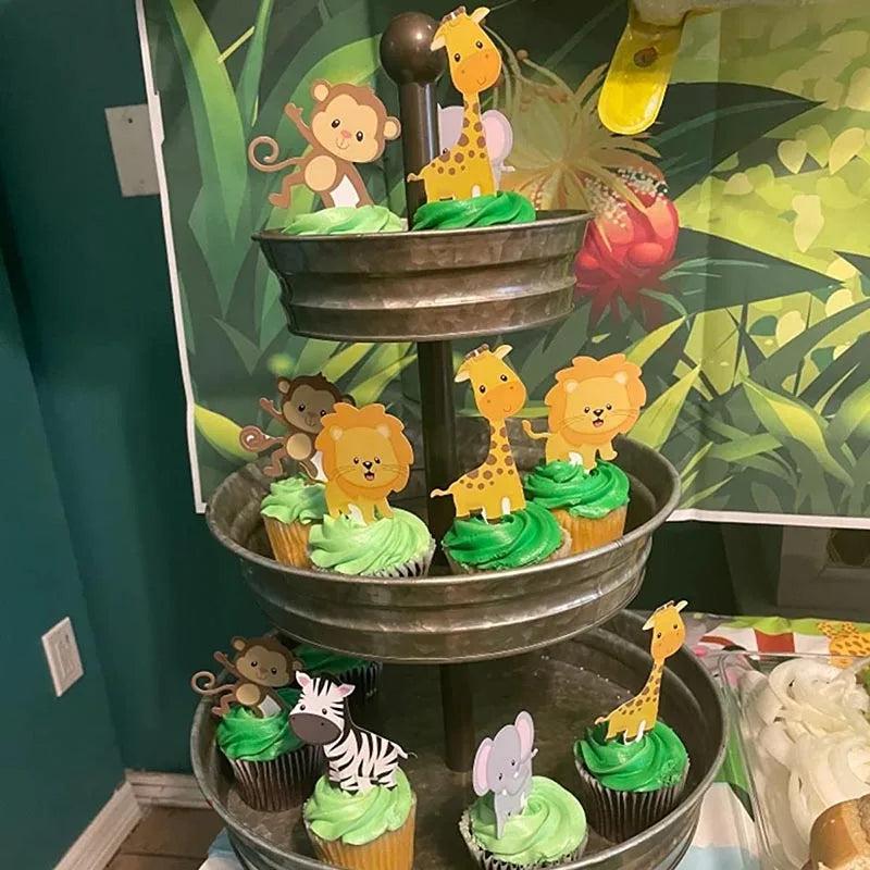 Cute Forest Animal Cake Topper Jungle Safari Birthday Decor Supplies Giraffe Elephant Lion Tiger Cake Decor For Kids 1 2 3 Years