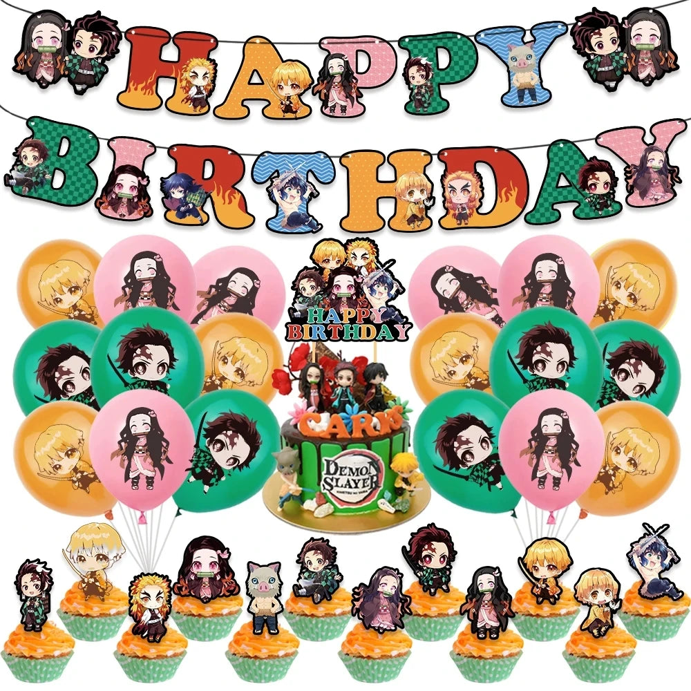 Demoned Slayers Balloons Happy Birthday Banner Kimetsu No Yaiba Party Decoration Cup Disposable Tableware Anime Cake Topper Toy