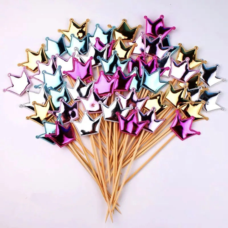 50/100PCS Cake Decoration Shiny Skin Reflective Heart Five Pointed Star Crown Birthday Dessert Table Baking Wedding Party