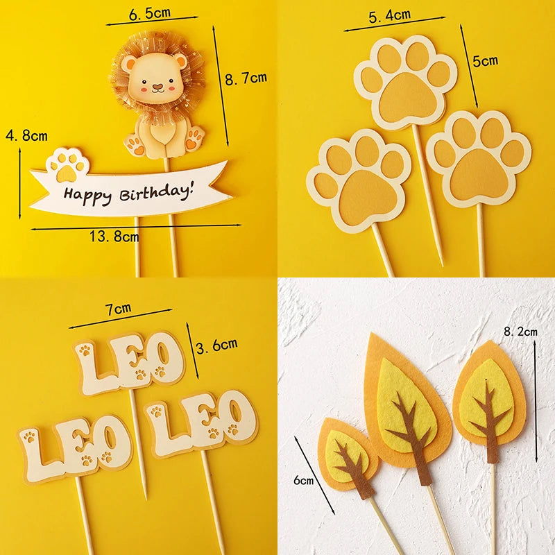 Baby Show Constellation Animal Leo Lion Happy Birthday Cake Topper Yellow Balloon Trees for Cake Decorating Party Supplies Gifts