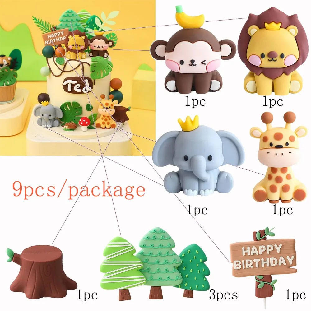 Cute Forest Animal Cake Topper Jungle Safari Birthday Decor Supplies Giraffe Elephant Lion Tiger Cake Decor For Kids 1 2 3 Years
