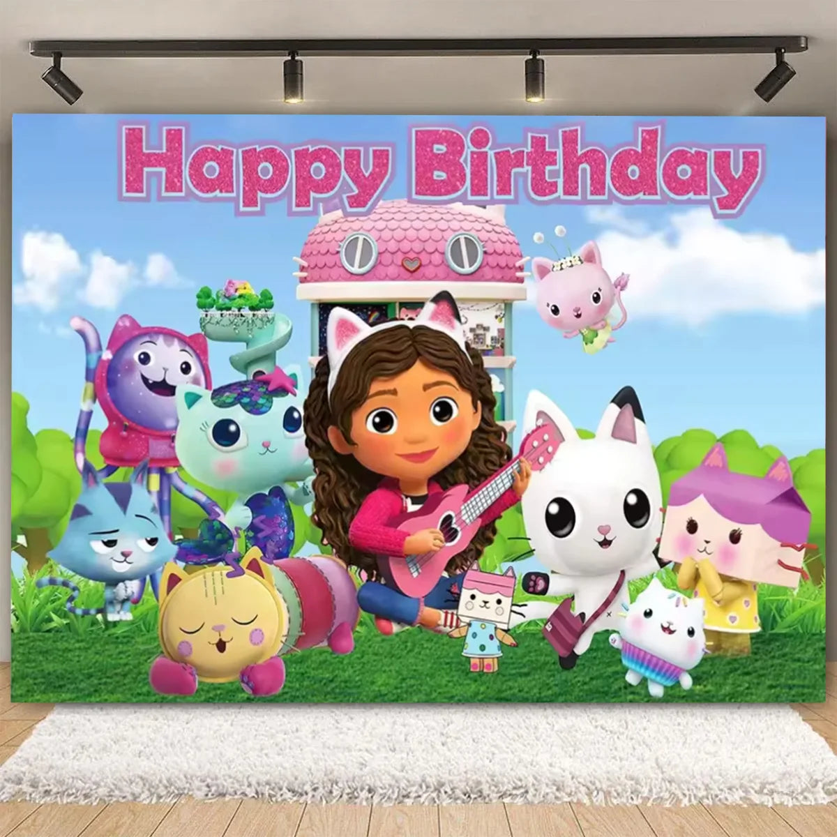 Cartoon-Gabby Dollhouse Children's Birthday Party Supplies Decoration Background Girl Baby Shower Pink Cat Toy Photo Banner Prop